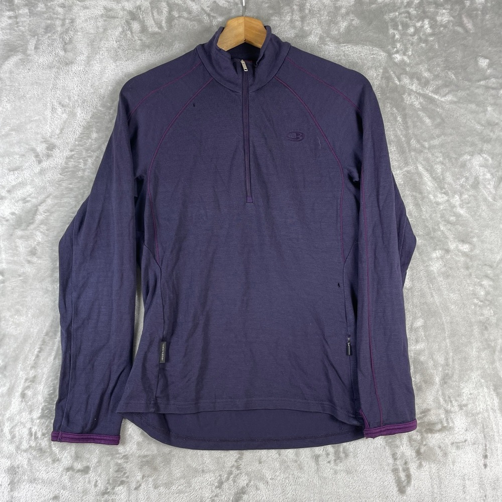 Icebreaker 1/4 Zip Pullover Women L Purple Sport 320 Merino Wool Base Layer READ